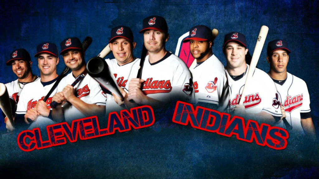 Cleveland Indians team lineup in white uniforms holding bats on textured blue background wallpaper