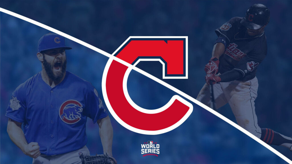 Cleveland Indians versus Chicago Cubs World Series wallpaper with vibrant logos and action shots