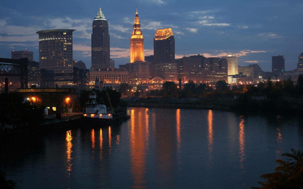 Cleveland Shines Bright: illuminated night panorama of Ohio's vibrant cityscape Wallpaper