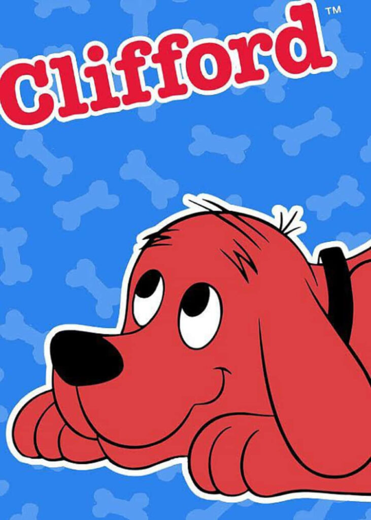 Clifford the Big Red Dog playful pose on bright blue wallpaper with white bone patterns cartoon