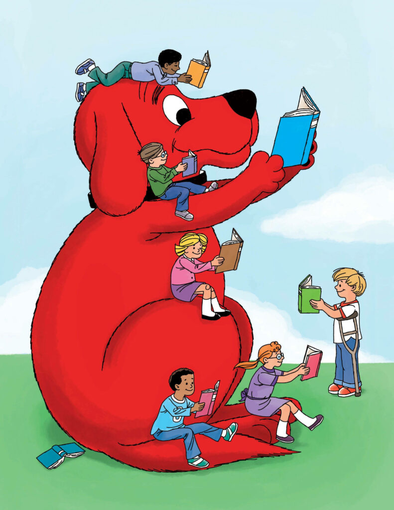 Clifford the Big Red Dog with children reading books in bright playful outdoor wallpaper