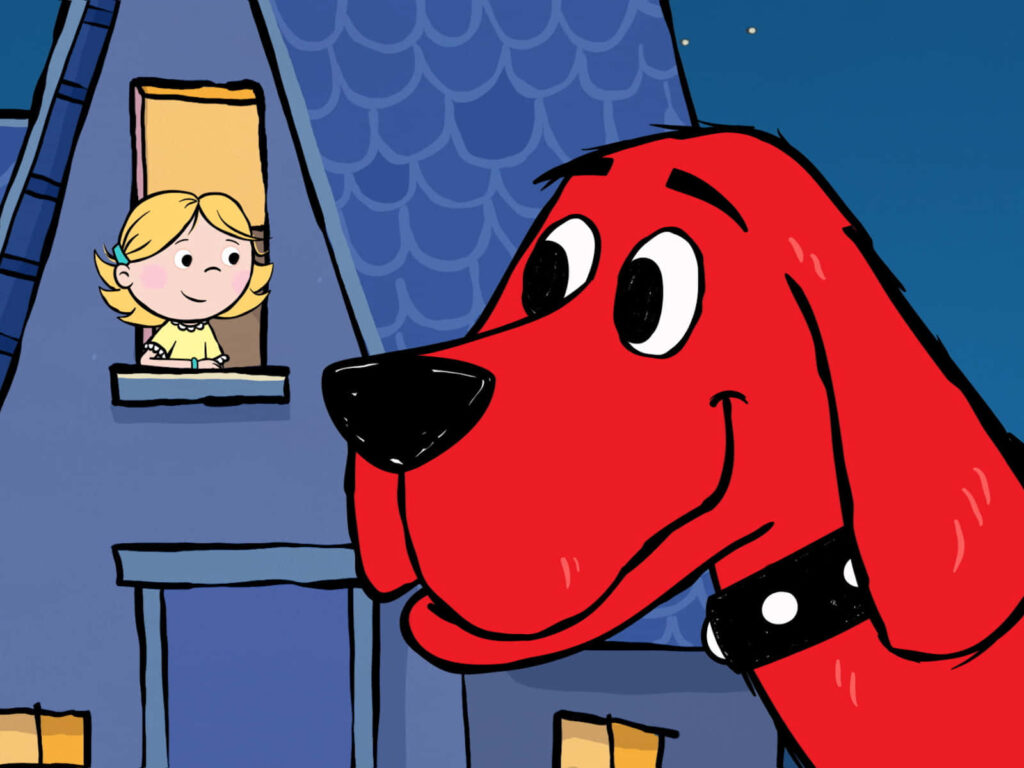 Clifford the Big Red Dog and Emily Elizabeth smiling at night with blue rooftops wallpaper background