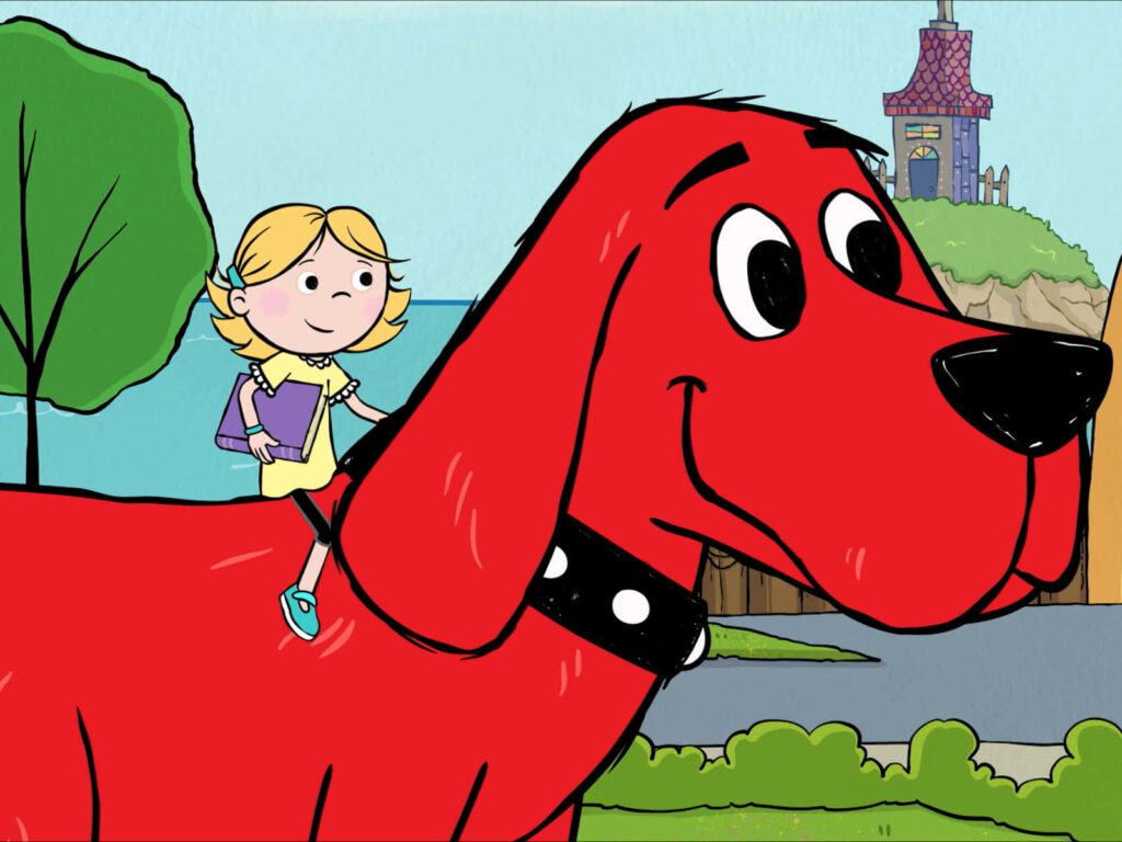 Clifford the Big Red Dog happily carrying Emily Elizabeth colorful cartoon wallpaper background