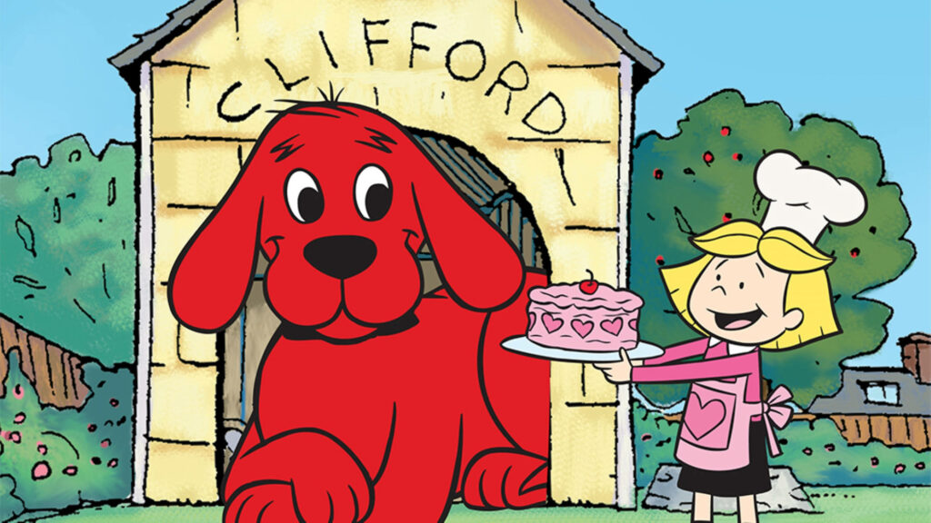Clifford the Big Red Dog with yellow doghouse and friend holding pink heart cake cartoon wallpaper