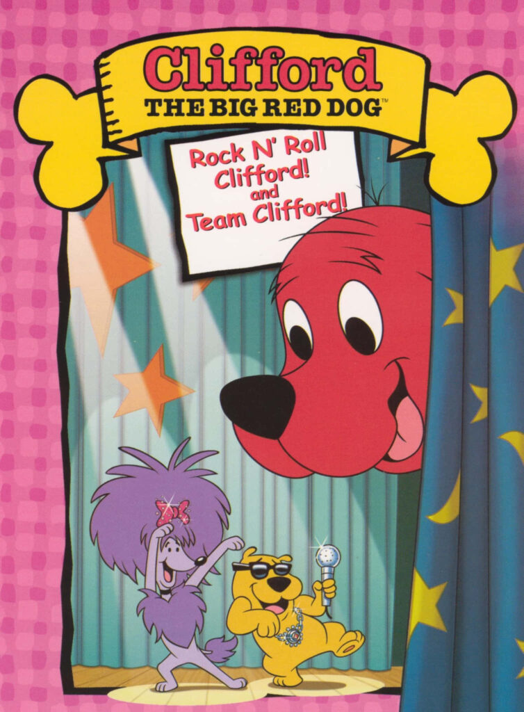 Clifford the Big Red Dog peeking behind star curtain with friends on vibrant colorful stage background Wallpaper