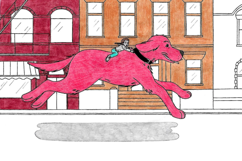 Clifford the Big Red Dog joyfully bounding with friend on vibrant city street wallpaper