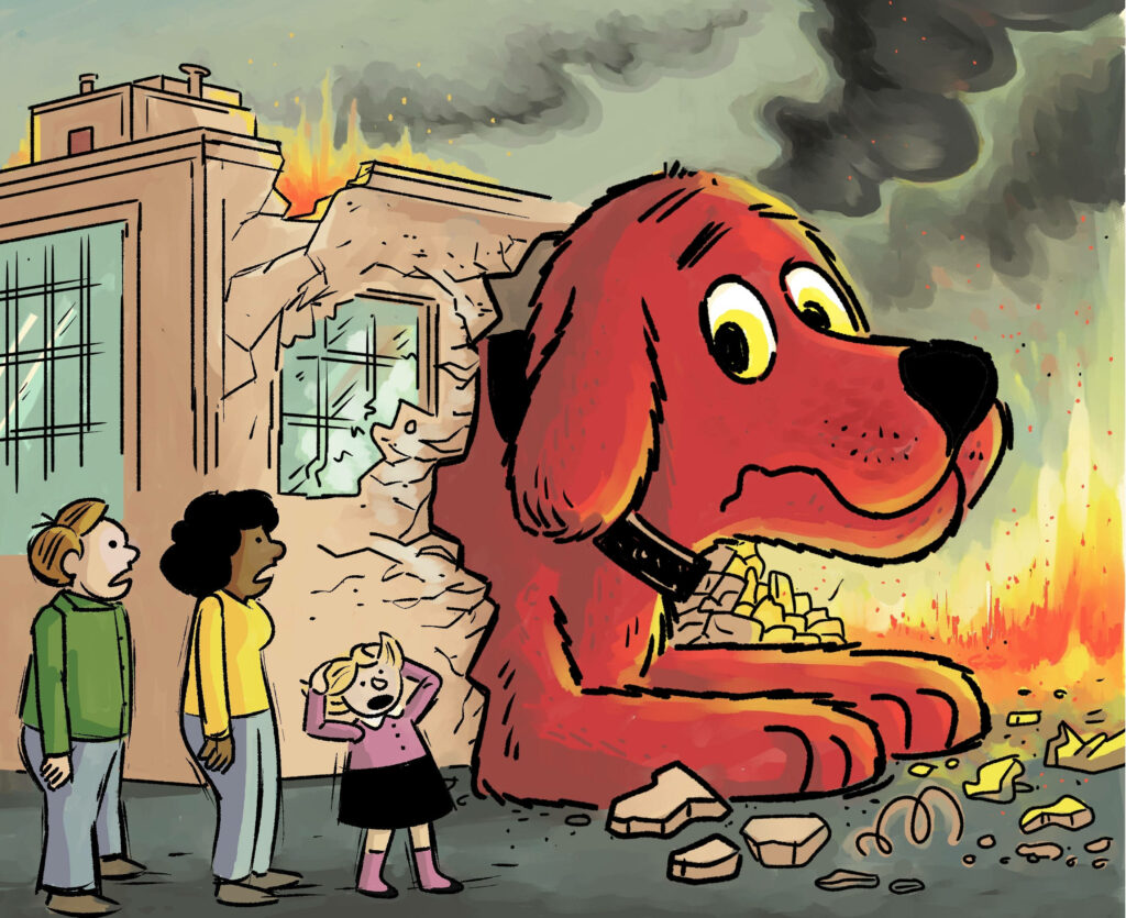 Clifford the Big Red Dog rescues people from fire in a dramatic cartoon scene with rubble Wallpaper