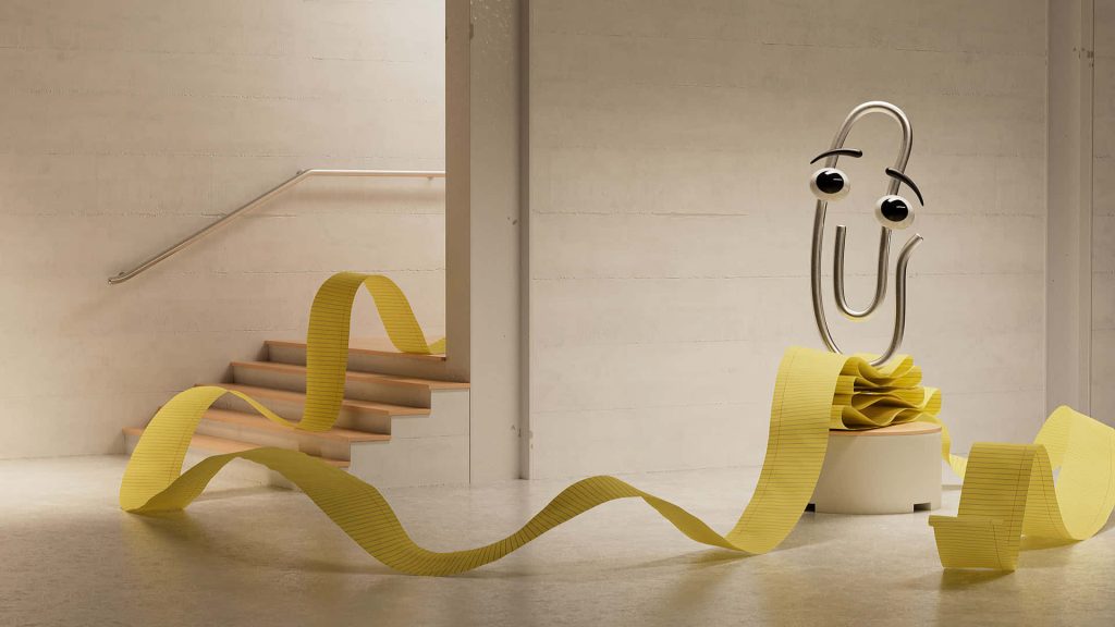 3D render of Clippy the Microsoft assistant tangled in yellow paper near minimal staircase background Wallpaper