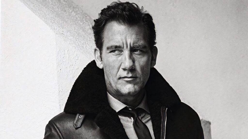 Clive Owen intense gaze black jacket shearling collar classic black and white portrait wallpaper