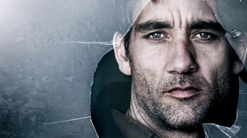 Clive Owen intense expression behind cracked glass cool toned cinematic dramatic wallpaper background