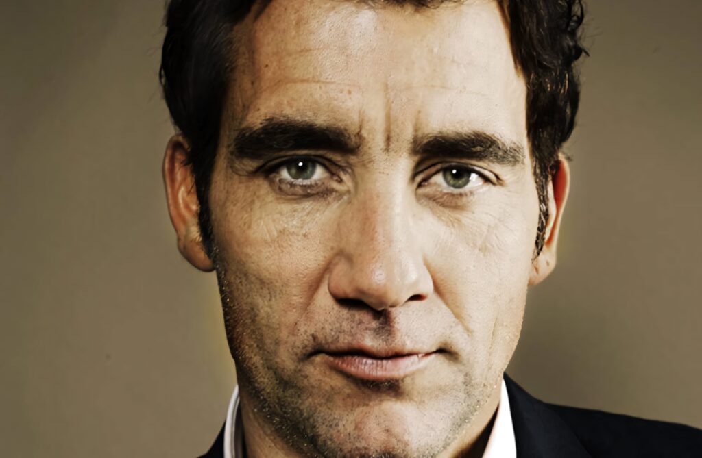 Clive Owen sharp portrait intense gaze rugged features cream background classic style wallpaper