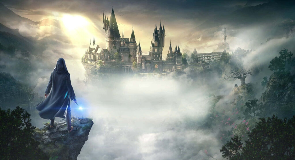 Cloaked Figure at Misty Hogwarts Castle Wallpaper Background