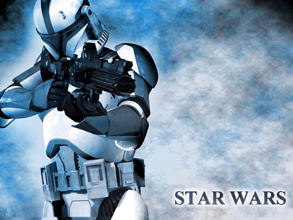 Clone Trooper in sleek armor holds blaster rifle against misty blue white background digital art Wallpaper
