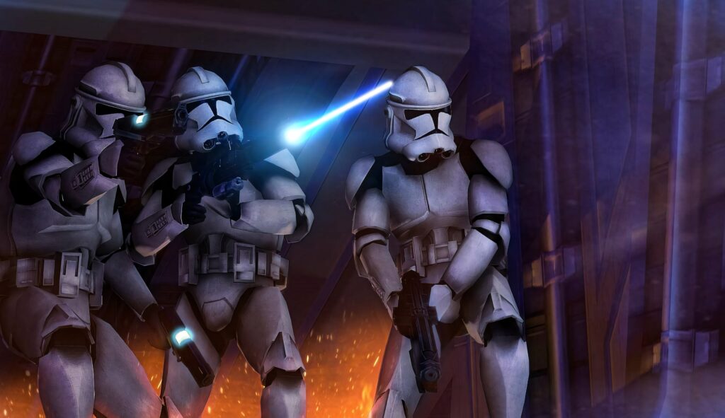 Clone Troopers in white armor charging in sci-fi battle with blue and orange blaster fire background Wallpaper