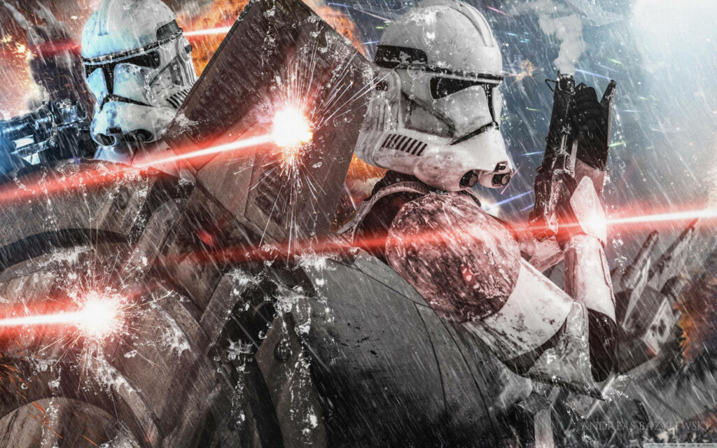 Clone Troopers charge in battle with red laser blasts shattered glass gritty armor Star Wars raid Wallpaper