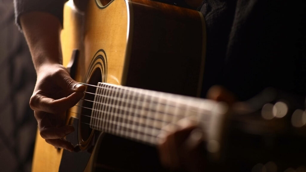 Acoustic Guitar Close-Up Wallpaper: Strings, Frets & Warm Texture