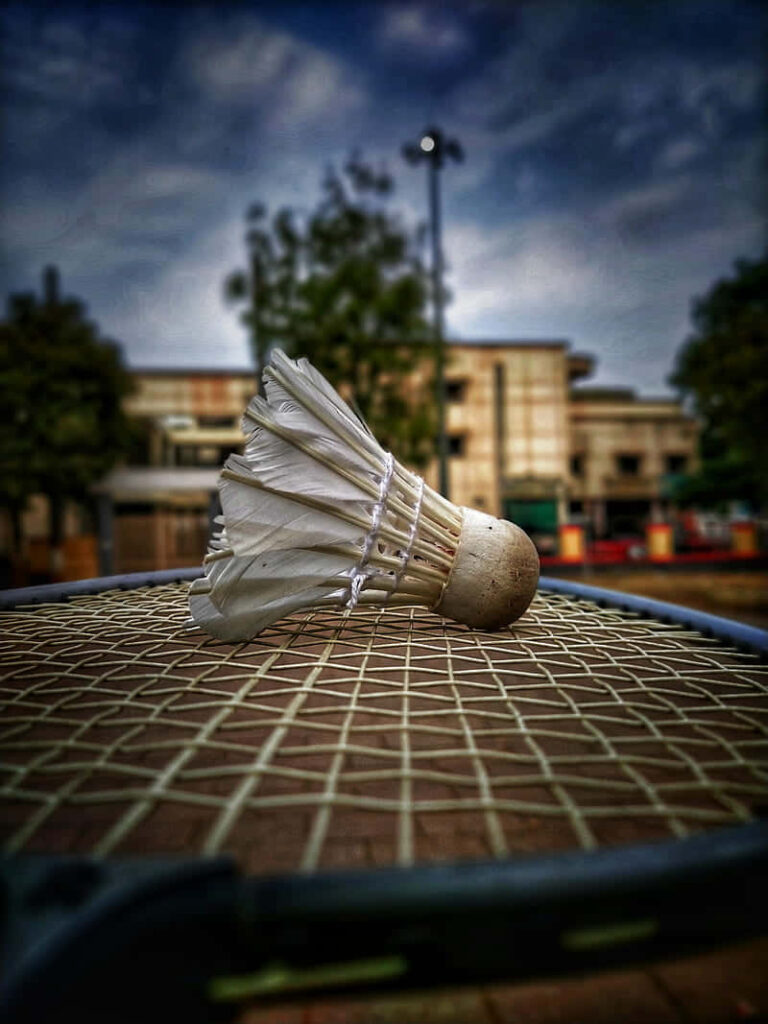 Close-Up Badminton Shuttlecock on Racket - Stylish Wallpaper Background