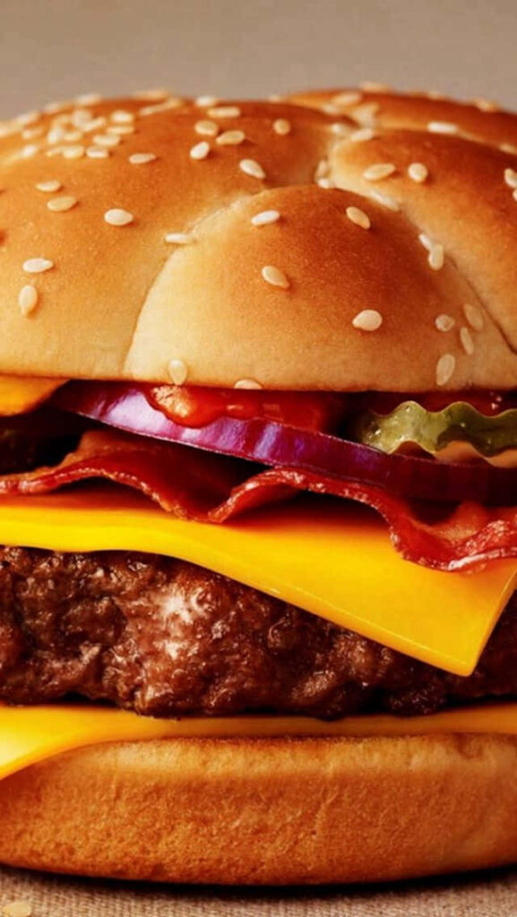 Close-Up Cheeseburger Wallpaper: Juicy Patty, Cheese & Crispy Bacon