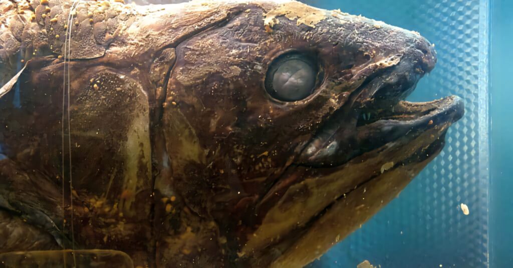 Close up of rare bluish brown coelacanth with detailed textures on aquatic prehistoric wallpaper
