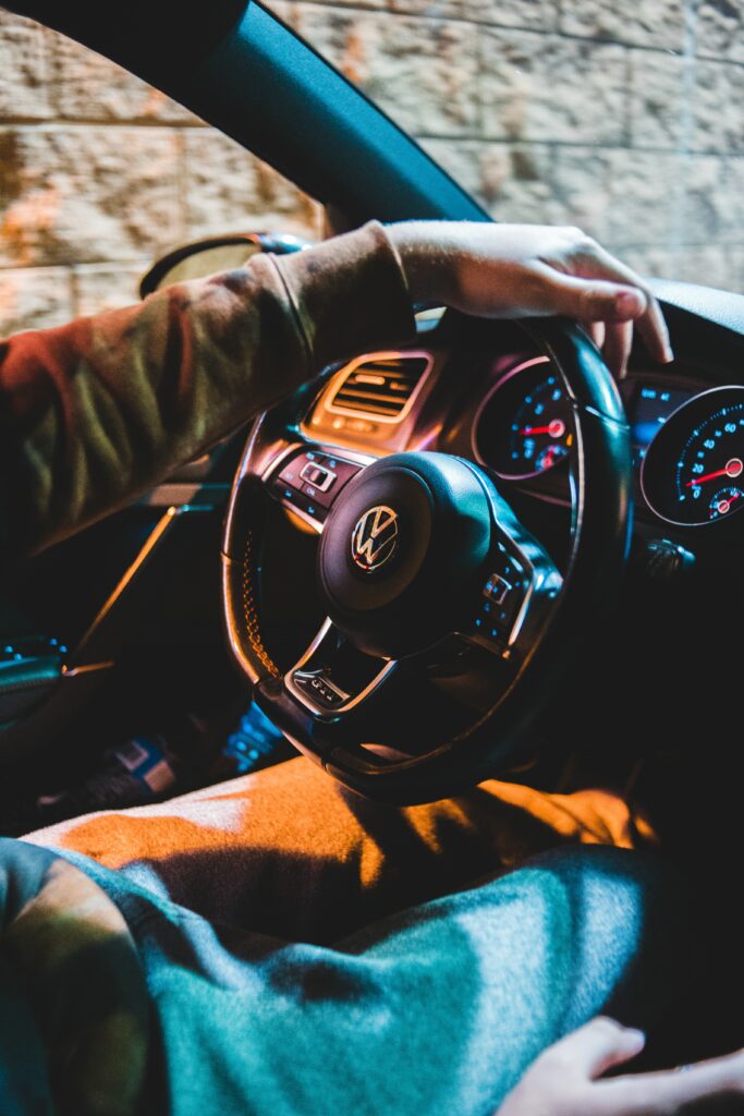 VW Car Interior Close-Up: Modern Dashboard & Steering Wheel Detail Wallpaper