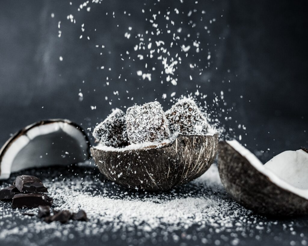 Coconut Shells with Chocolate: Textured Wallpaper Background