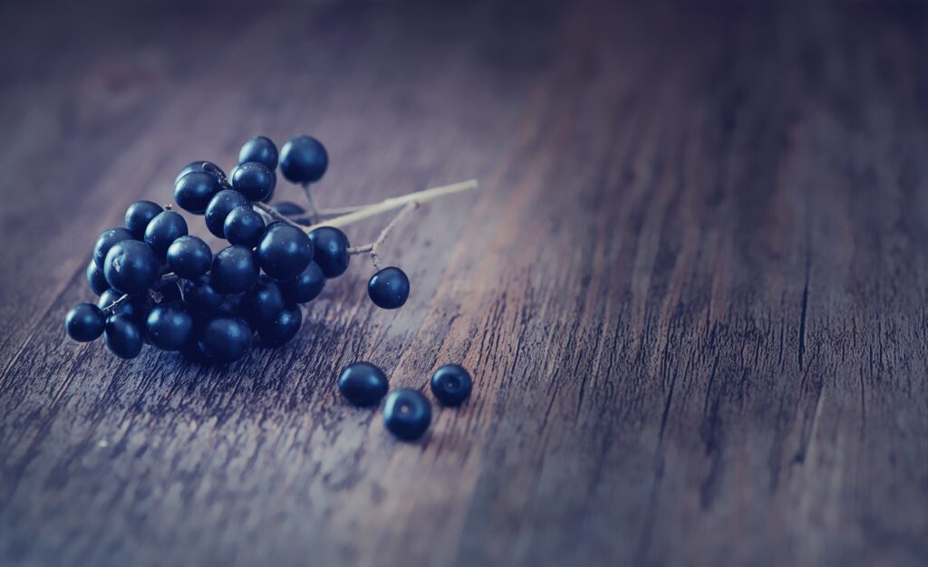 Minimalist Dark Privet Berries Wallpaper on Rustic Wood