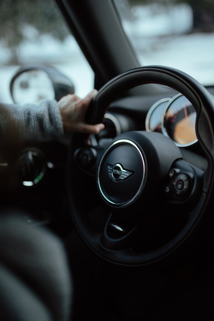 Close-Up Mini Cooper Interior: Sleek Design & Stylish Steering Wheel Wallpaper