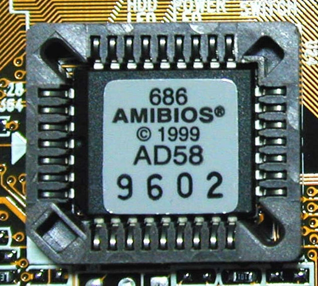 Intricate AMD BIOS Chip Close-Up Wallpaper Background Design