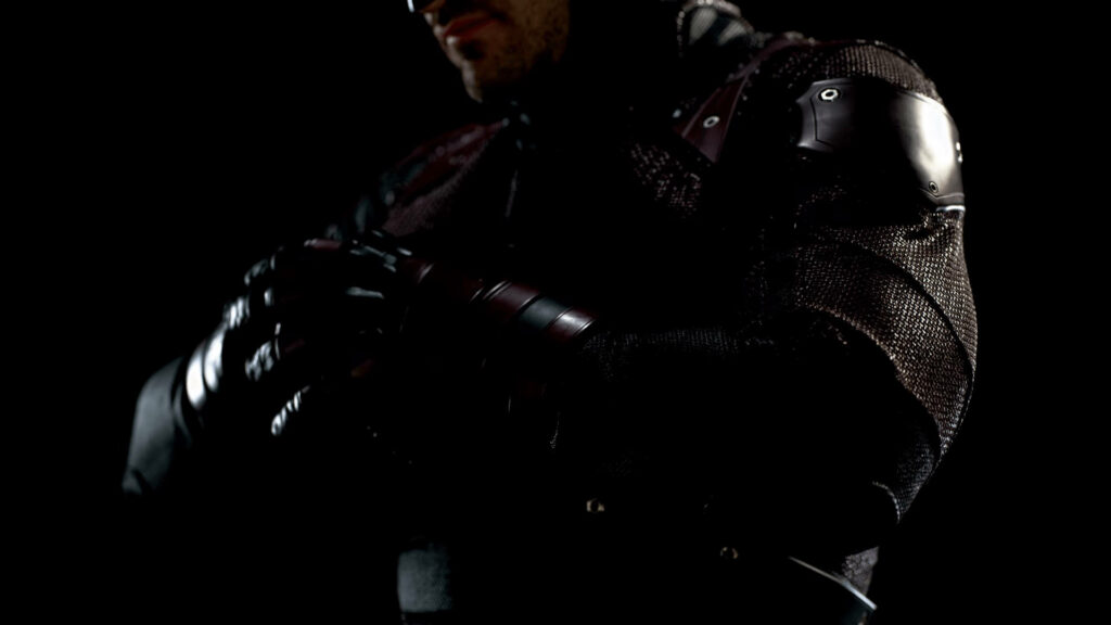 Intricate Daredevil Costume Wallpaper: Close-Up on Dark Armor Design