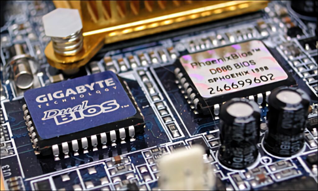 Close-Up Gigabyte Dual BIOS Motherboard Wallpaper with Intricate Design
