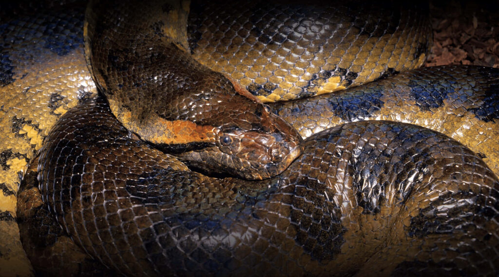 Close-up of a coiled anaconda with shiny patterned scales detailed powerful snake wallpaper