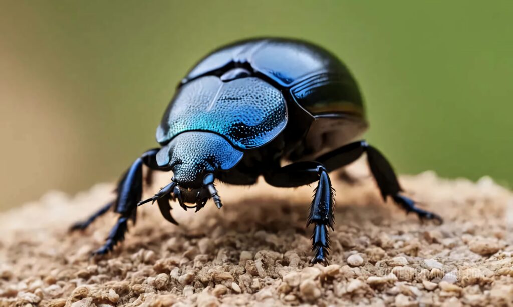 Close-up of shiny blue-black dung beetle with detailed textures on natural blurred background wallpaper