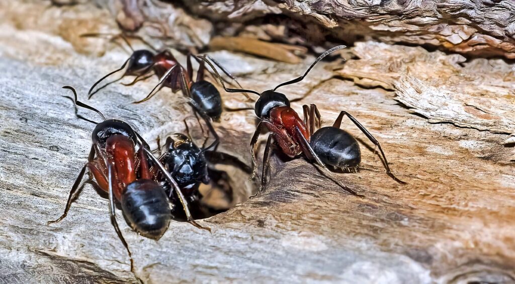 Close-up of shiny black and reddish carpenter ants on textured wood natural habitat wallpaper