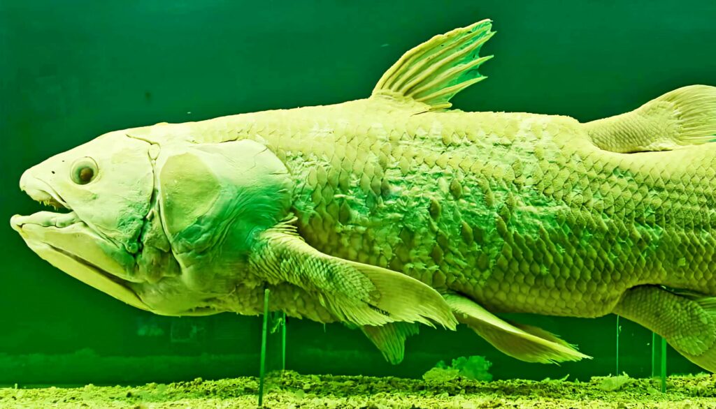 Close-up of rare coelacanth fish with textured scales and fins on vibrant green underwater wallpaper