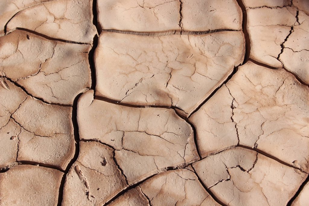 Close-up of cracked dry soil texture in natural beige tones minimalist earthy wallpaper background