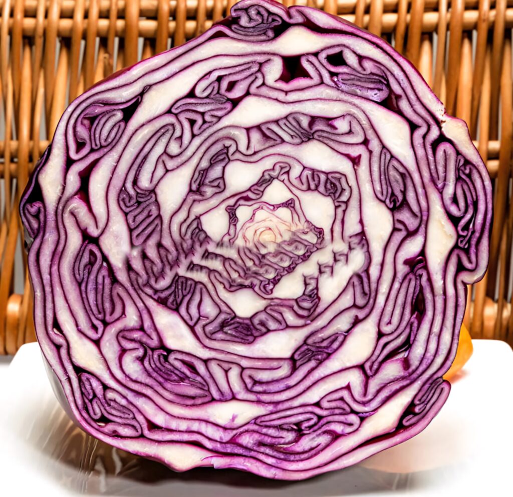 Close-up of red cabbage with vivid purple white spiral layers detailed organic texture wallpaper