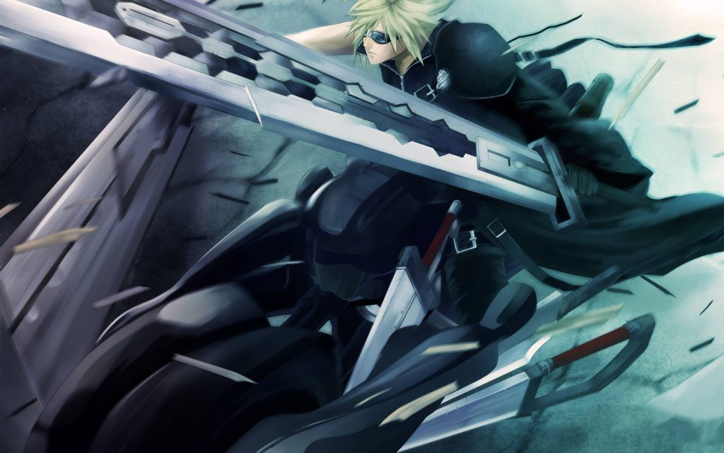 Cloud Strife speeding on Fenrir motorcycle wielding Fusion Sword Final Fantasy VII wallpaper