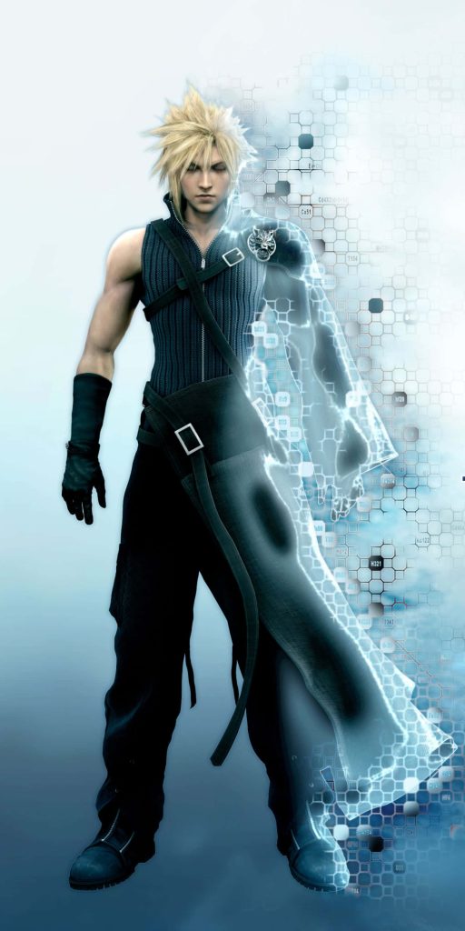 Cloud Strife from Final Fantasy VII Advent Children with glowing digital hex grid background wallpaper