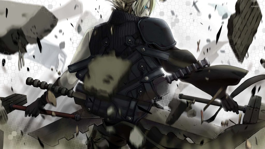 Cloud Strife wielding iconic sword amid flying debris Final Fantasy VII dynamic wallpaper background
