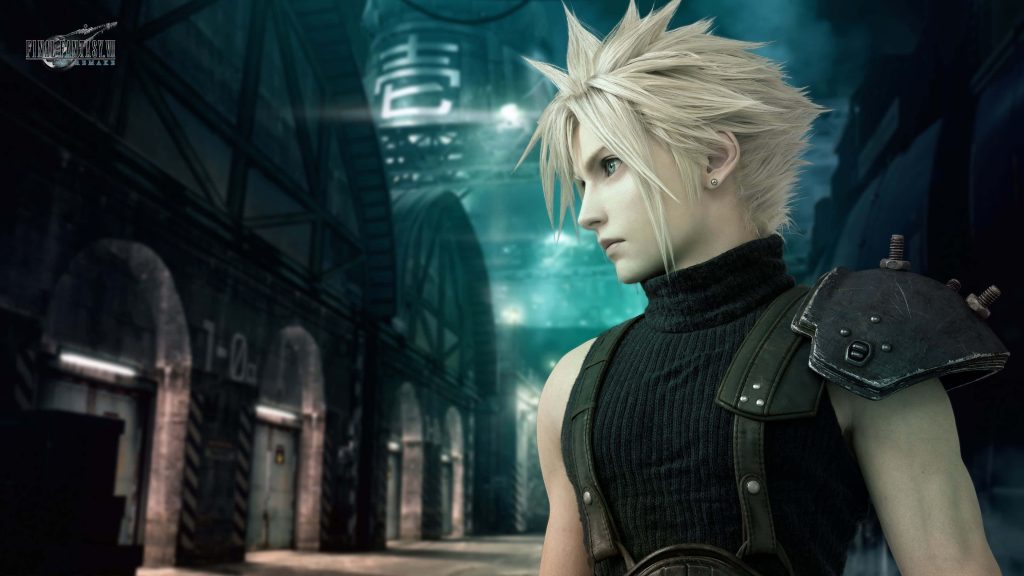 Cloud Strife in soldier armor stands stoic before teal-lit Midgar reactor Final Fantasy VII CGI wallpaper