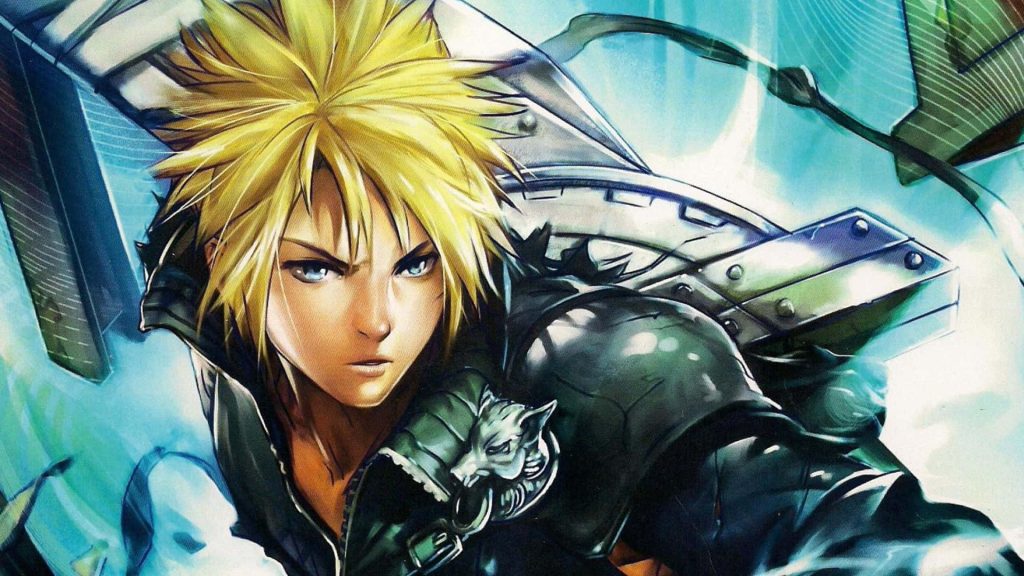 Cloud Strife Final Fantasy wallpaper digital art with spiky hair and swirling blue energy background