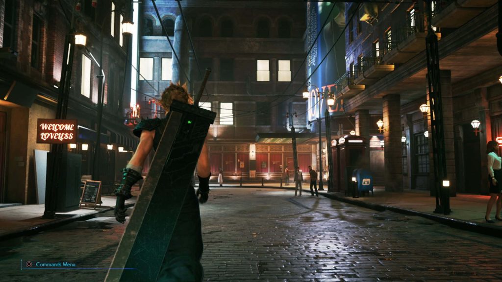 Cloud Strife with Buster Sword on rainy Midgar street Final Fantasy VII Remake wallpaper