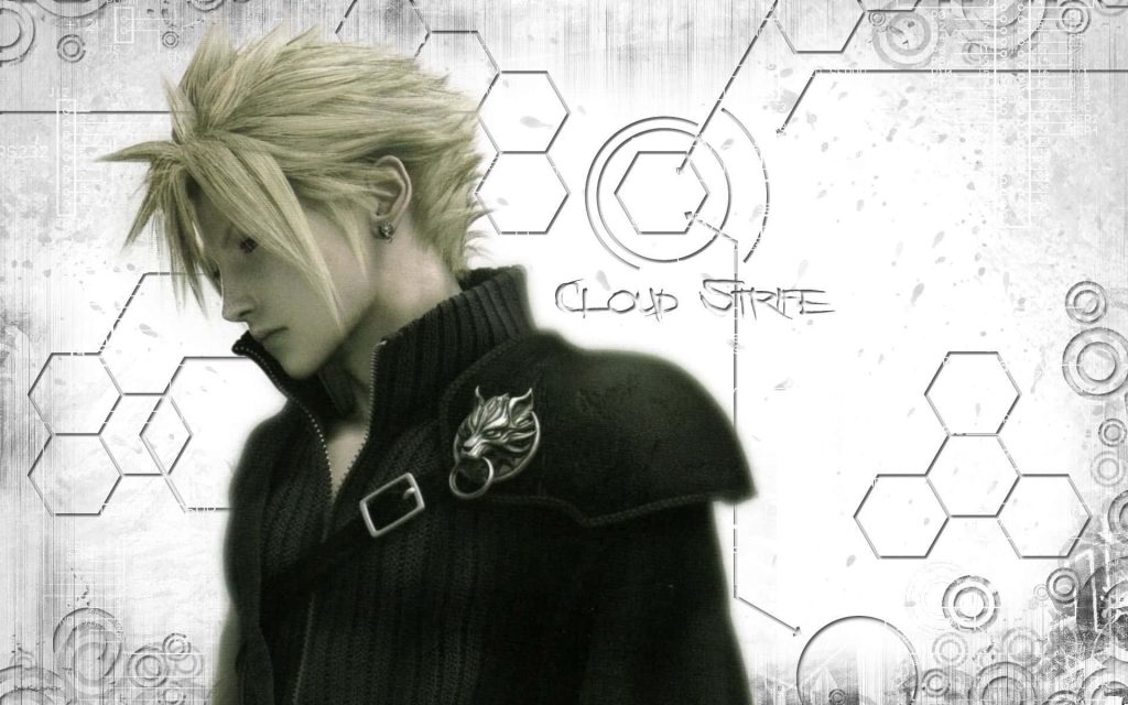 Cloud Strife Final Fantasy wallpaper with spiky hair wolf emblem on abstract tech background