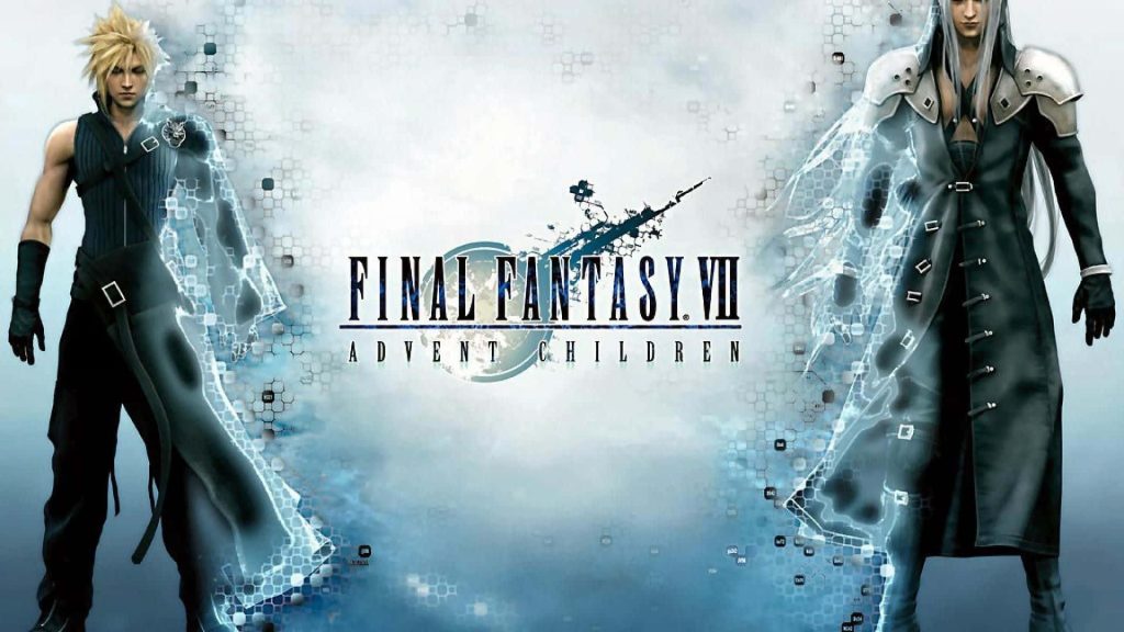 Cloud Strife versus Sephiroth CGI wallpaper with blue lighting and digital honeycomb effects Final Fantasy VII