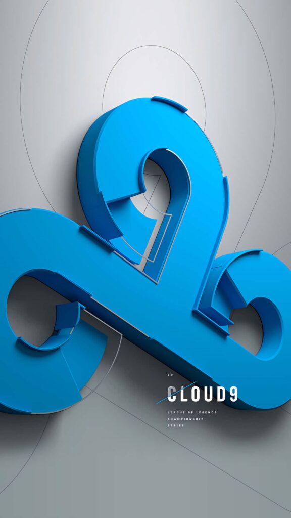 Blue 3D Cloud9 esports logo on gray background with subtle circular patterns wallpaper