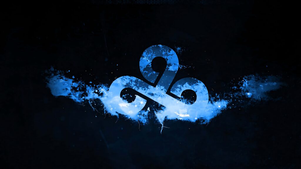 Cloud9 esports logo on dark textured background with vibrant blue and white paint splashes Wallpaper