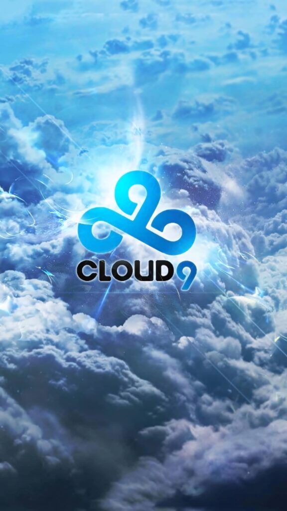 Cloud9 logo on vivid sky with dynamic clouds and radiant blue light esports wallpaper background