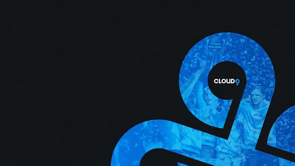 Cloud9 esports wallpaper with blue logo and celebrating players on dark background minimalist design