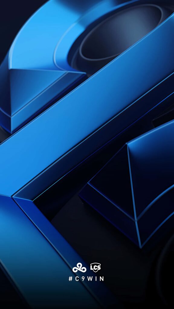Close-up metallic blue Cloud9 logo wallpaper with geometric details and C9WIN hashtag background