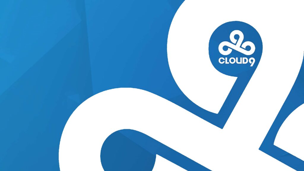Cloud9 wallpaper with bold white lines and logo on vibrant blue geometric esports background